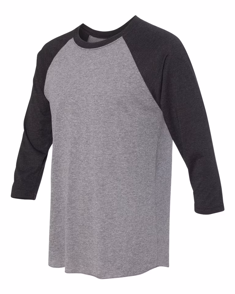 Unisex Triblend 3/4-Sleeve Raglan in Vintage Black Sleeves/ Premium Heather Body — leftside