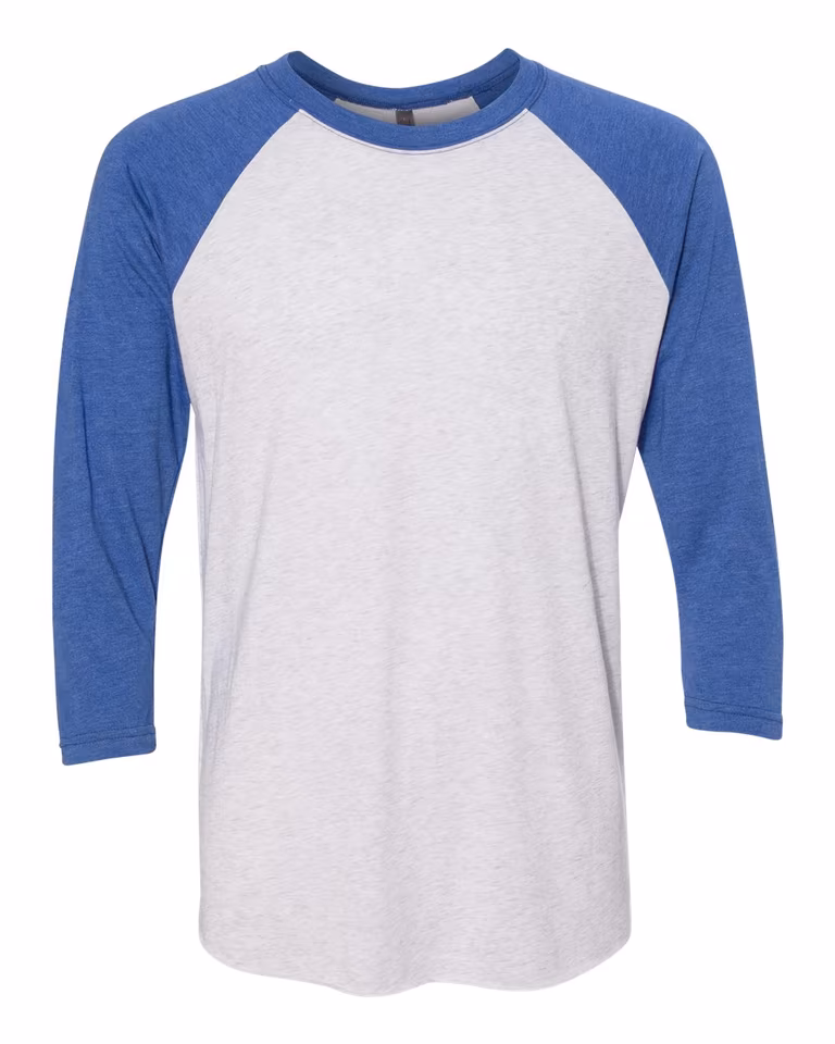Unisex Triblend 3/4-Sleeve Raglan in Vintage Royal Sleeves/ Heather White Body — front