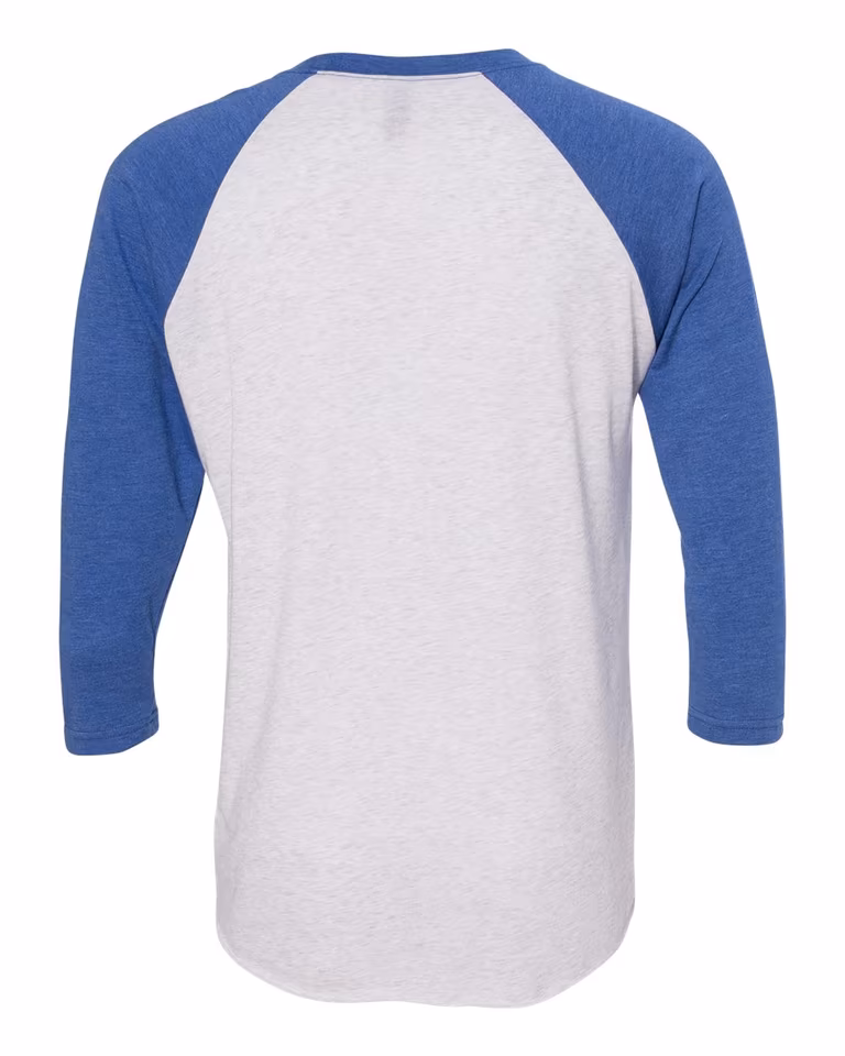 Unisex Triblend 3/4-Sleeve Raglan in Vintage Royal Sleeves/ Heather White Body — back