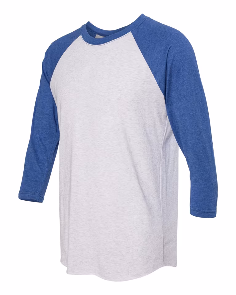 Unisex Triblend 3/4-Sleeve Raglan in Vintage Royal Sleeves/ Heather White Body — leftside