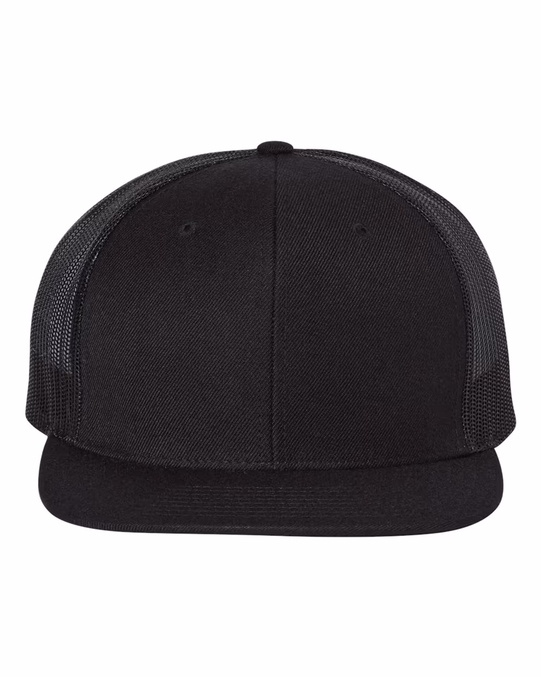 Wool Blend Flat Bill Trucker in Black / Black — front