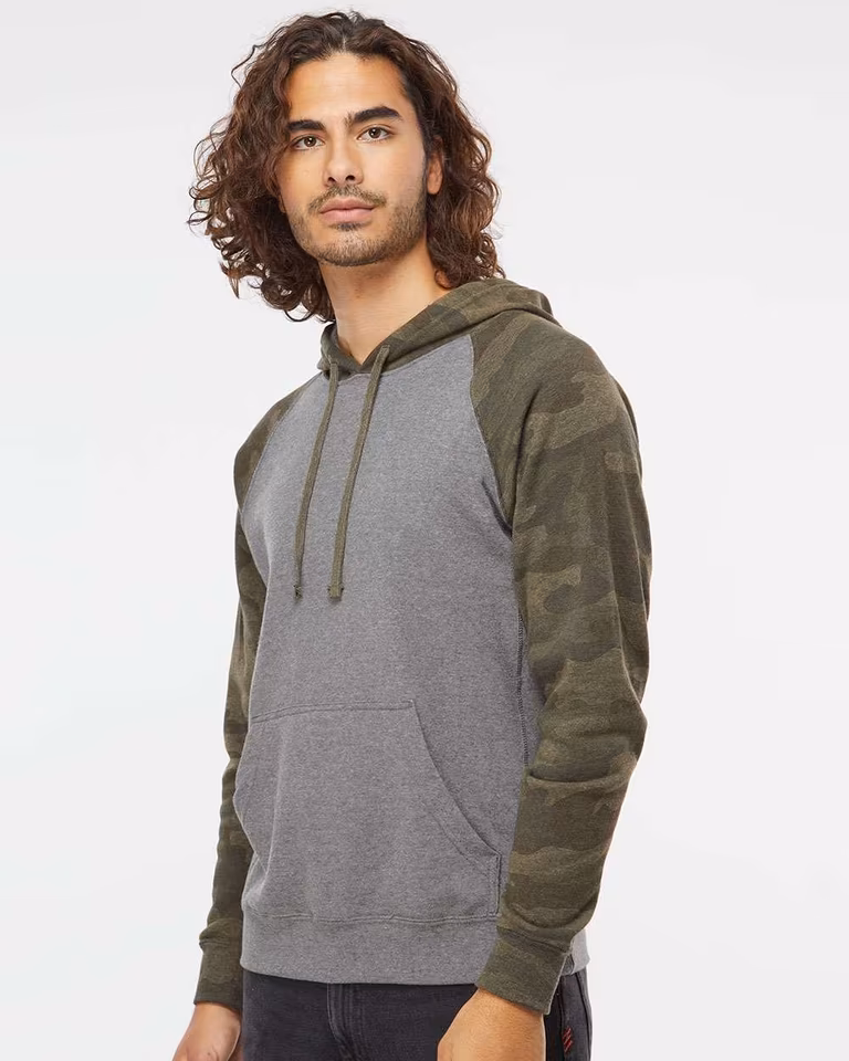 Unisex Special Blend Raglan Hooded Sweatshirt — Nickel Heather / Forest Camo
