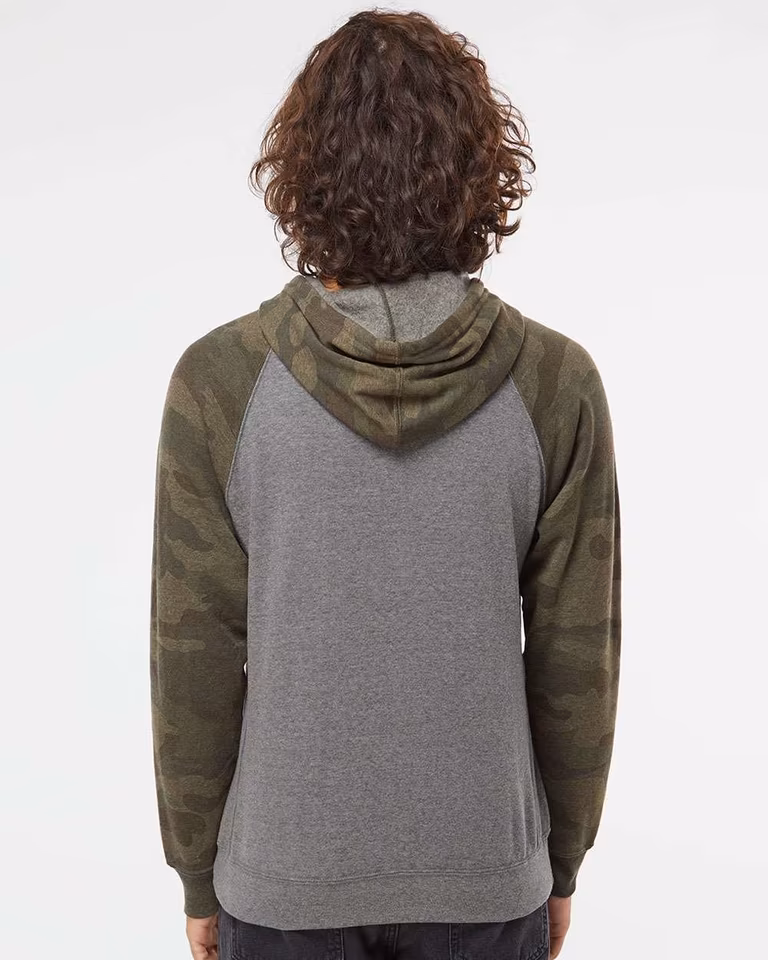 Unisex Special Blend Raglan Hooded Sweatshirt — Nickel Heather / Forest Camo