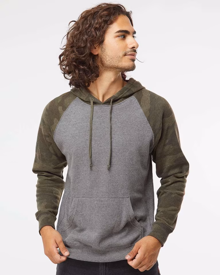 Unisex Special Blend Raglan Hooded Sweatshirt — Nickel Heather / Forest Camo