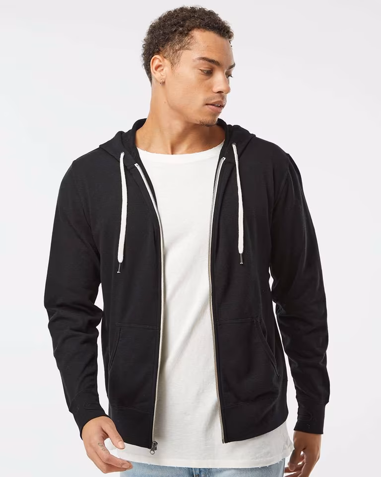 Unisex Heathered French Terry Full-Zip Hooded Sweatshirt — Black