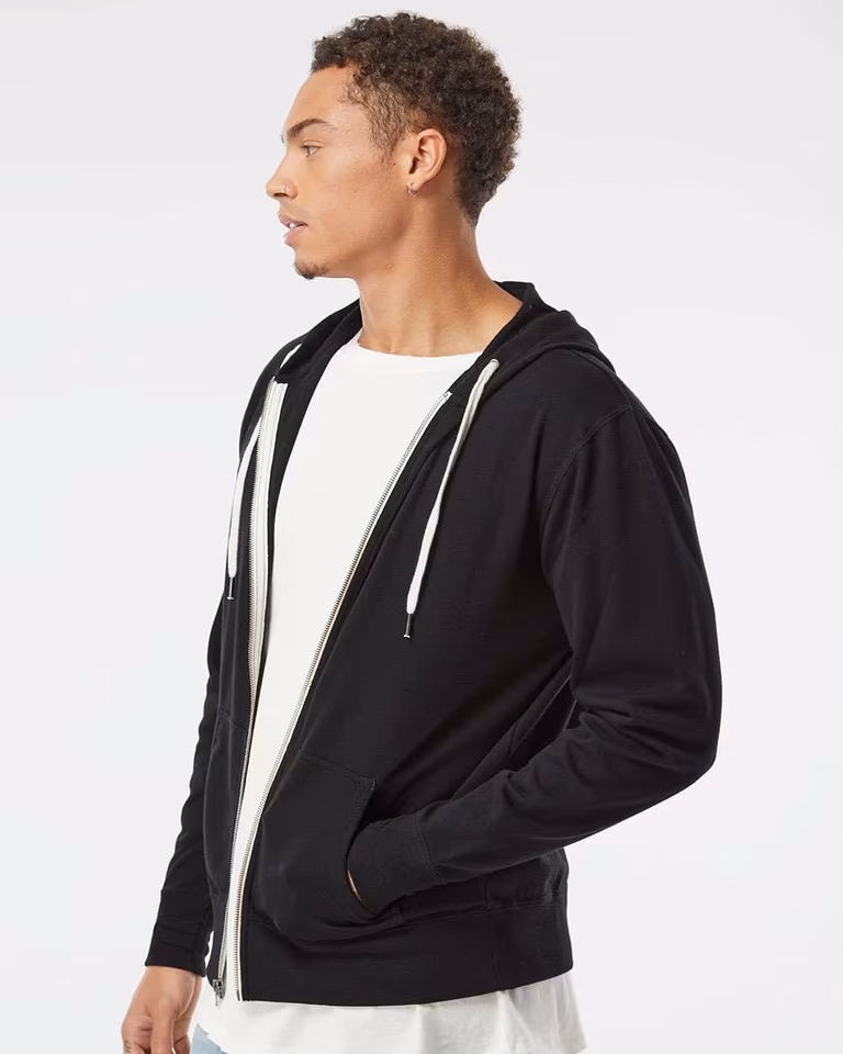 Unisex Heathered French Terry Full-Zip Hooded Sweatshirt — Black