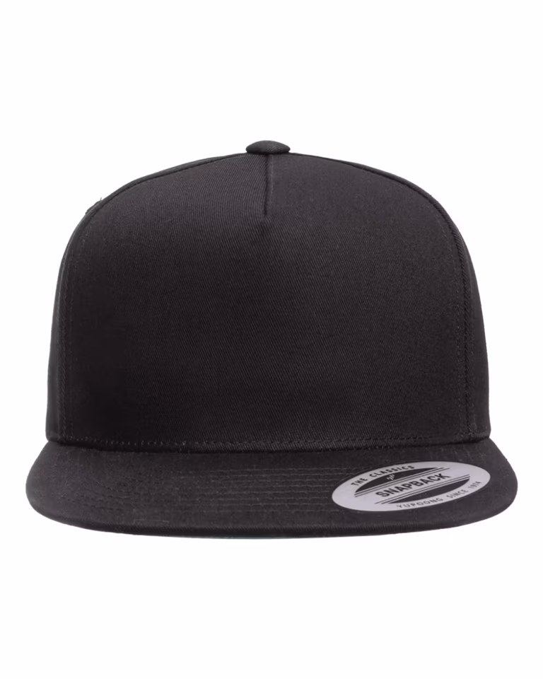 Unisex 5-Panel Cotton Twill Snapback Cap in Black — front