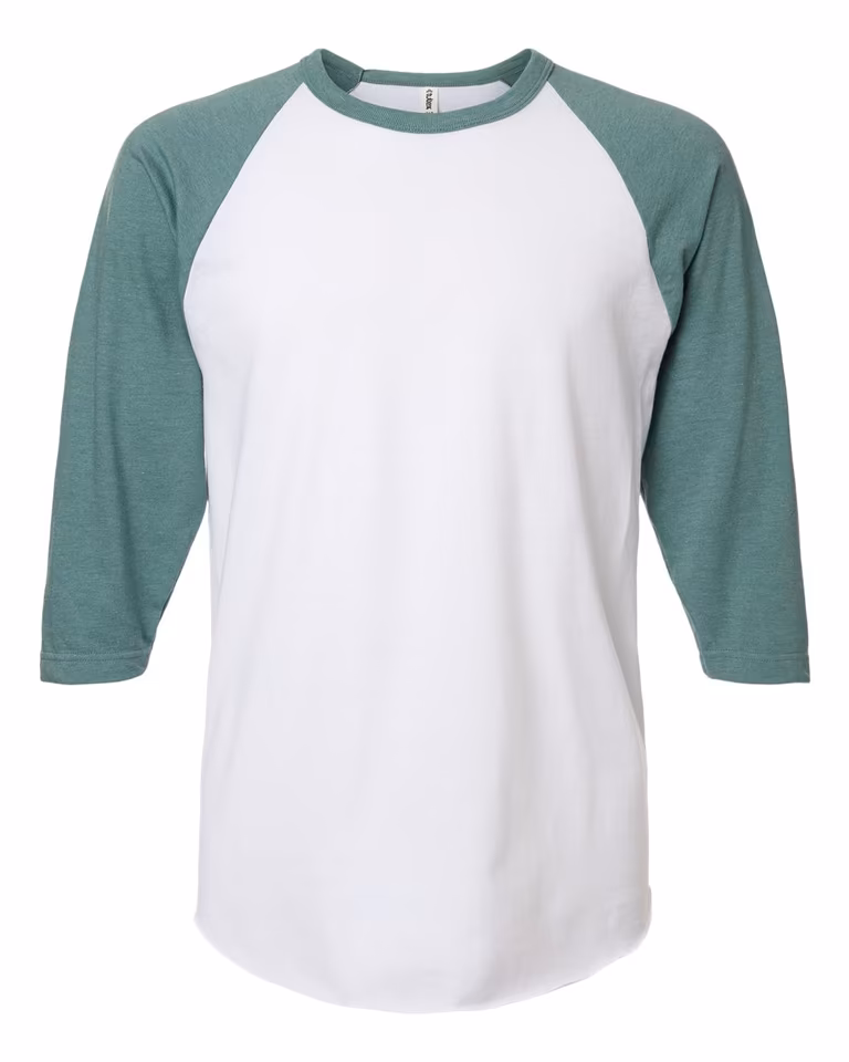 Unisex Fine Jersey Raglan T-Shirt — White/ Heather Seafoam