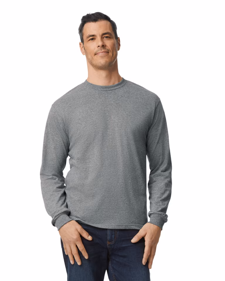Unisex Hammer™ Long Sleeve T-Shirt — Graphite Heather, worn