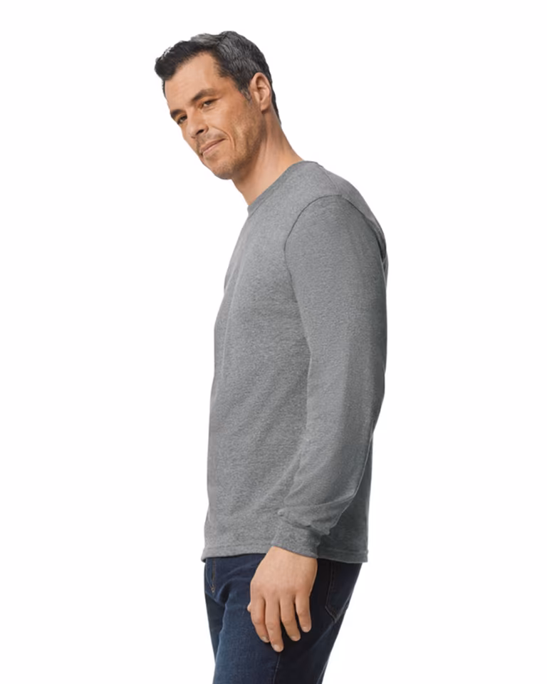 Unisex Hammer™ Long Sleeve T-Shirt — Graphite Heather, worn