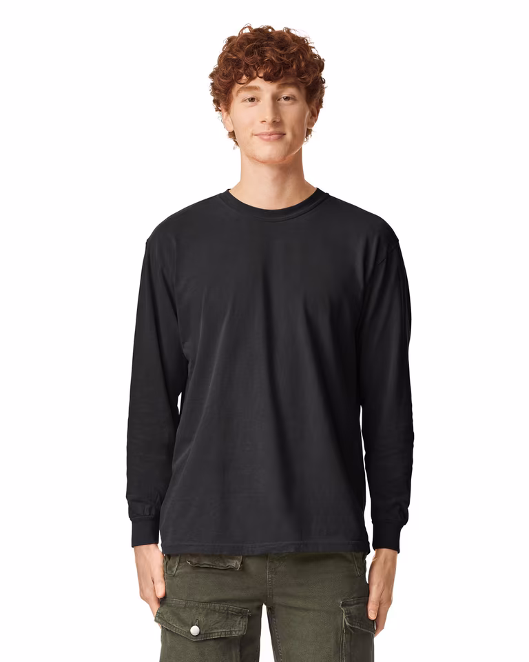 Unisex Garment-Dyed Heavyweight Long Sleeve T-Shirt — Black, worn