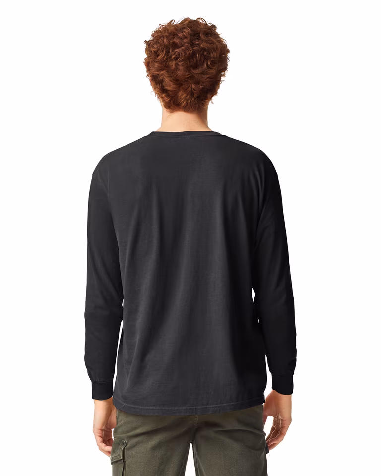 Unisex Garment-Dyed Heavyweight Long Sleeve T-Shirt — Black, worn