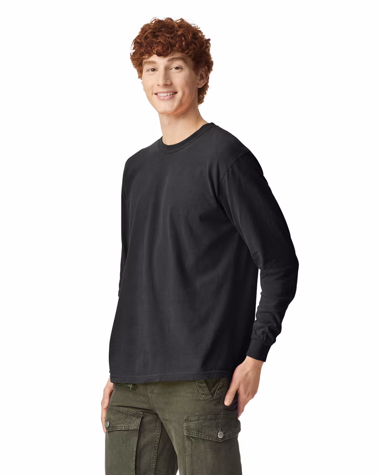 Unisex Garment-Dyed Heavyweight Long Sleeve T-Shirt — Black, worn