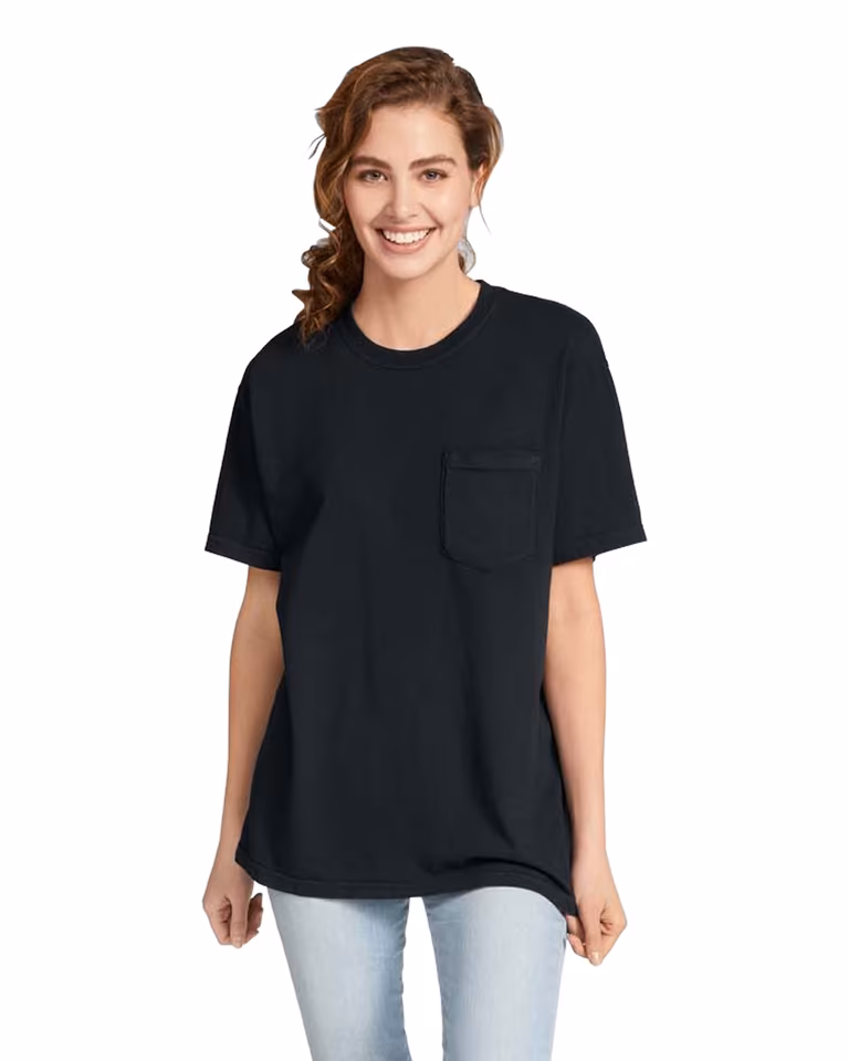 Unisex Garment-Dyed Heavyweight Pocket T-Shirt — Black, worn