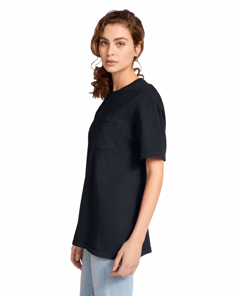 Unisex Garment-Dyed Heavyweight Pocket T-Shirt — Black, worn