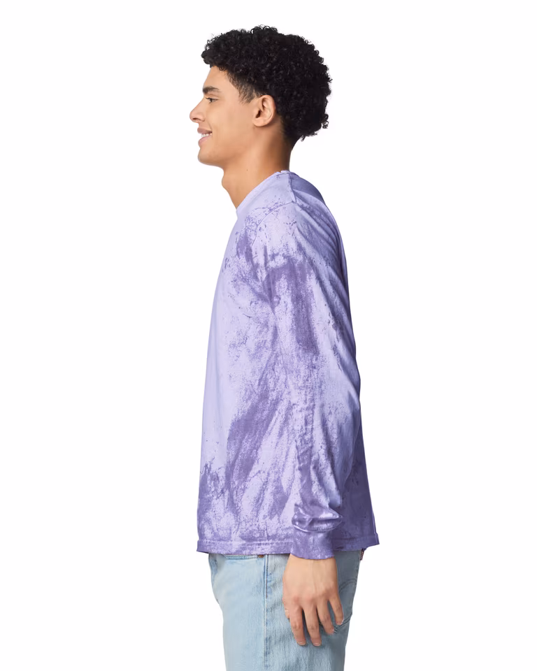 Unisex Colorblast™ Long Sleeve T-Shirt — Amethyst, worn