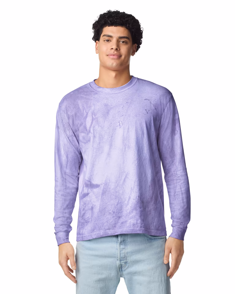 Unisex Colorblast™ Long Sleeve T-Shirt — Amethyst, worn
