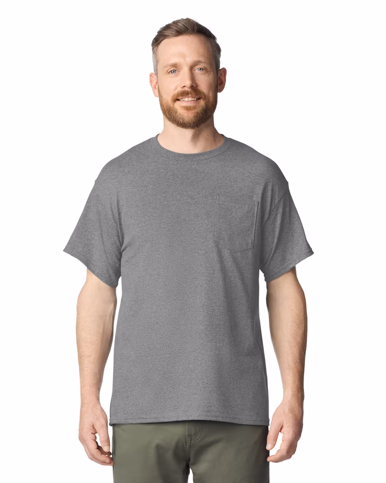 Unisex Heavy Cotton™ Pocket T-Shirt — Sport Grey, worn