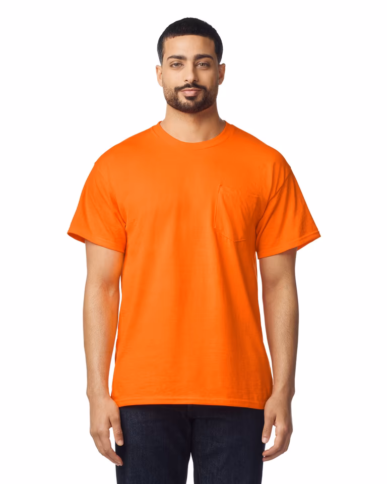 Unisex DryBlend® Pocket T-Shirt — Safety Orange, worn