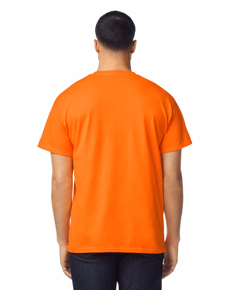 Unisex DryBlend® Pocket T-Shirt — Safety Orange, worn
