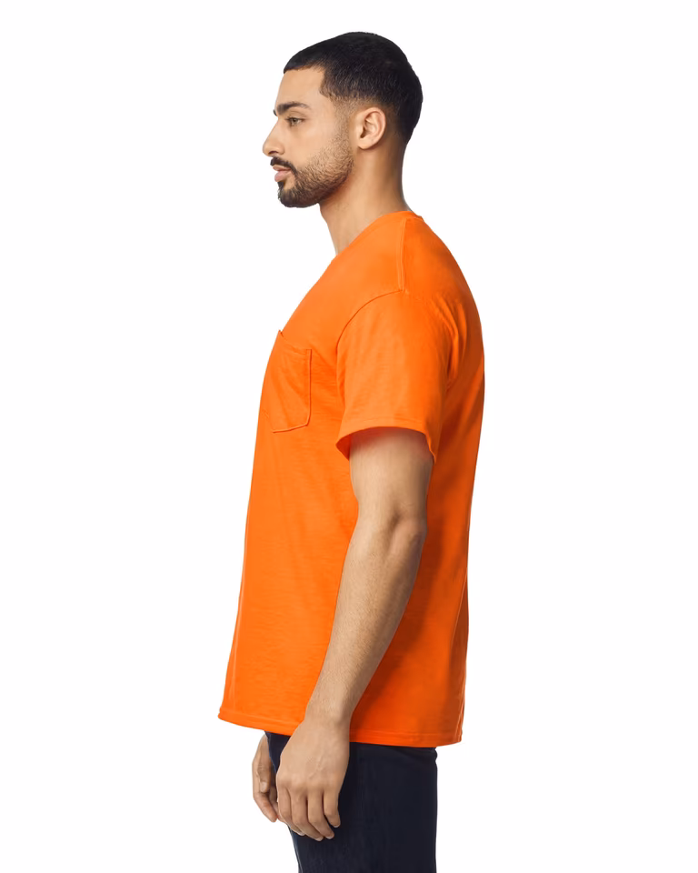 Unisex DryBlend® Pocket T-Shirt — Safety Orange, worn