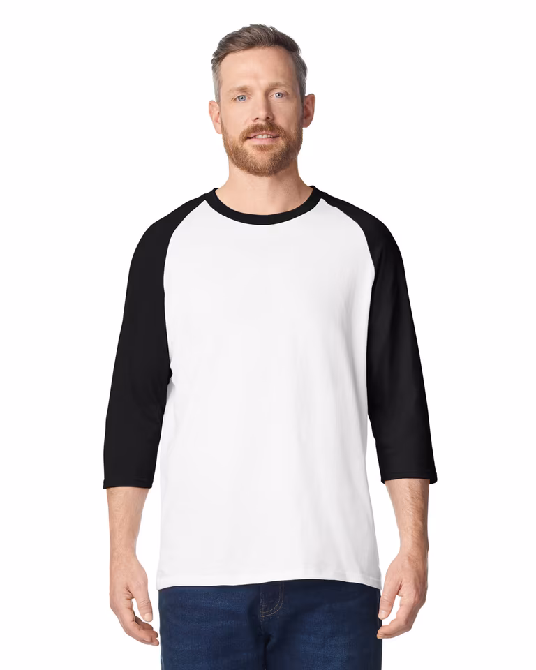 Unisex Heavy Cotton™ Raglan Three-Quarter Sleeve T-Shirt — White / Black, worn