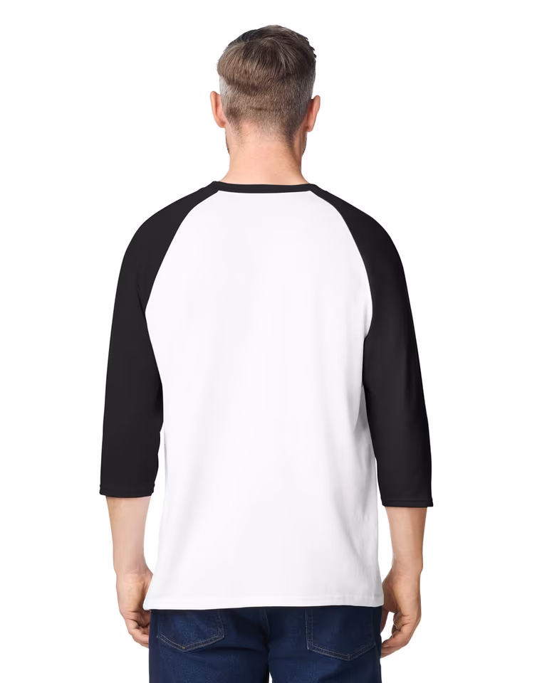 Unisex Heavy Cotton™ Raglan Three-Quarter Sleeve T-Shirt — White / Black, worn