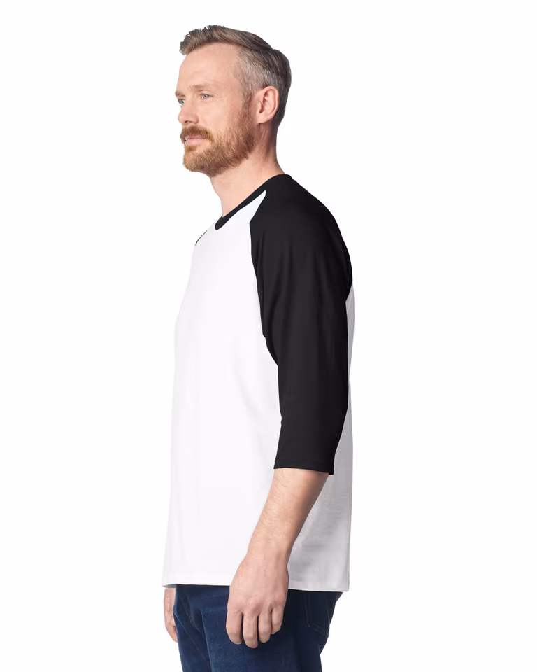 Unisex Heavy Cotton™ Raglan Three-Quarter Sleeve T-Shirt — White / Black, worn