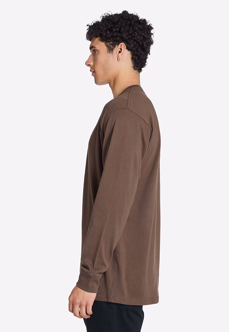 Unisex Heavyweight Long Sleeve Tee — Chestnut, worn