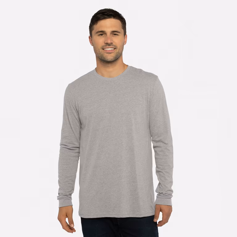 Unisex Sueded Long Sleeve T-Shirt — Dark Heather Grey, worn