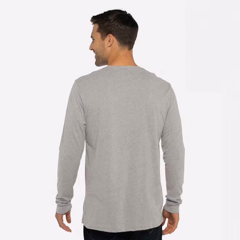 Unisex Sueded Long Sleeve T-Shirt — Dark Heather Grey, worn