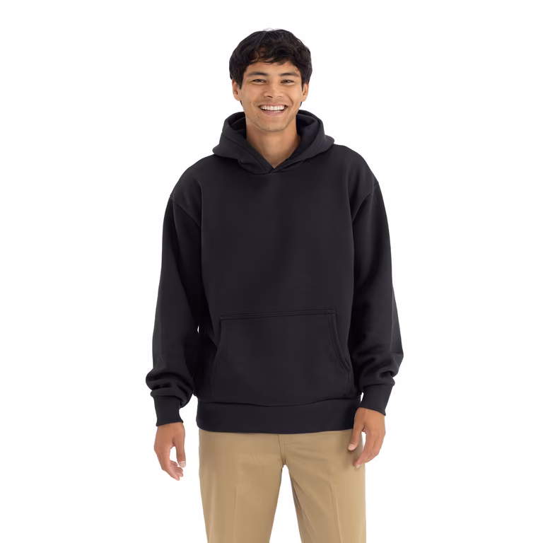 Unisex Heavyweight Fleece Hoodie Sweatshirt — Black, worn