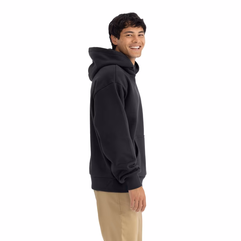 Unisex Heavyweight Fleece Hoodie Sweatshirt — Black, worn