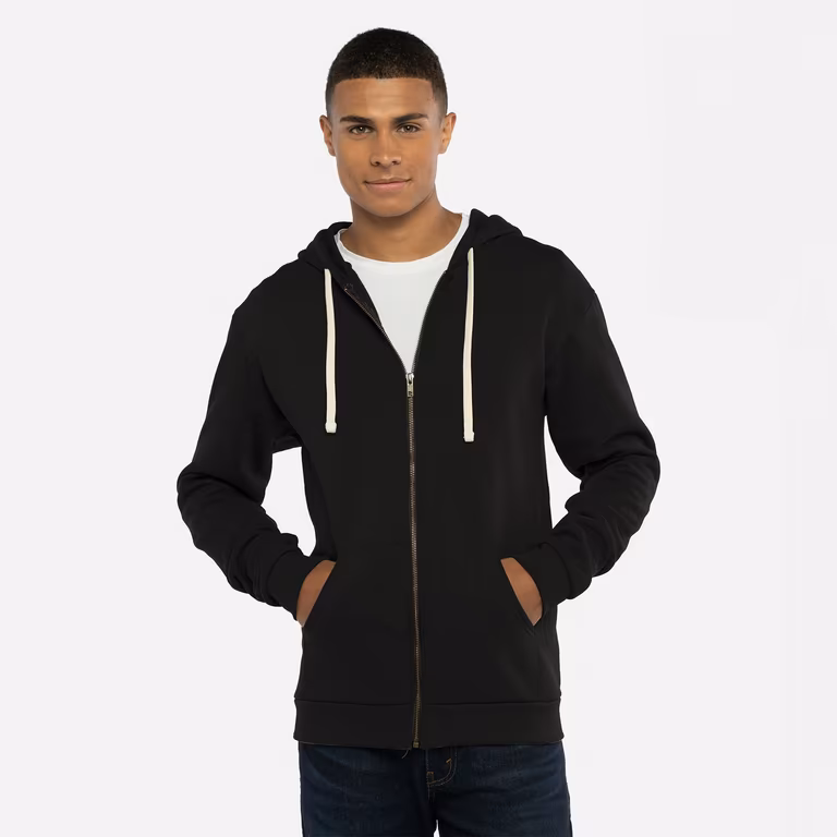 Unisex Santa Barbara Full-Zip Hoodie Sweatshirt — Black, worn