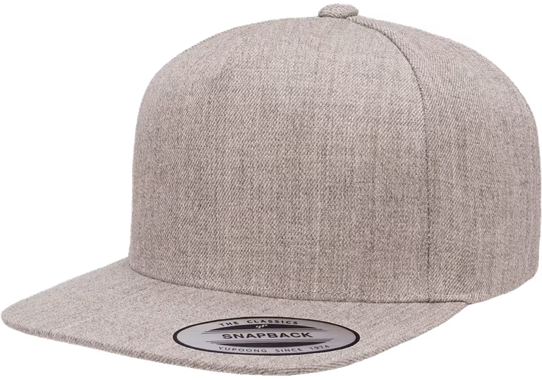 Premium Five-Panel Snapback Cap — Heather Grey, side view