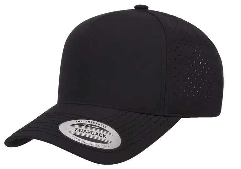 Five-Panel Snapback with Perforated Cap — Black, side view