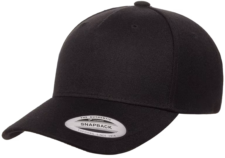 Premium Five-Panel Curved Bill Snapback Cap — Black, side view