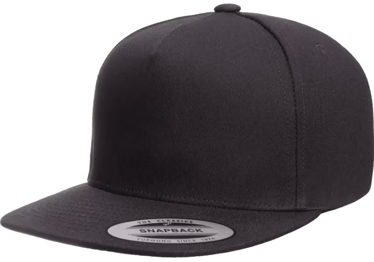 Five-Panel Cotton Twill Snapback Cap — Black, side view