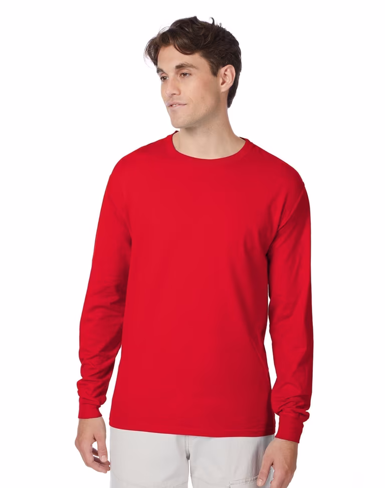 Unisex Beefy-T® Long Sleeve T-Shirt — Deep Red, worn