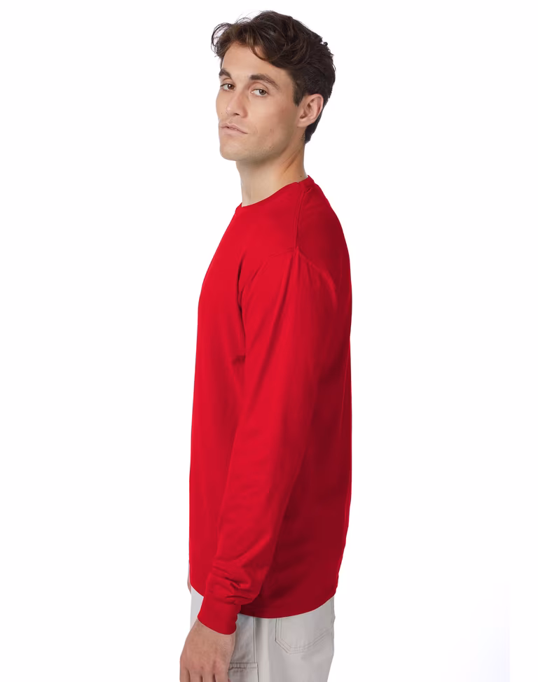 Unisex Beefy-T® Long Sleeve T-Shirt — Deep Red, worn