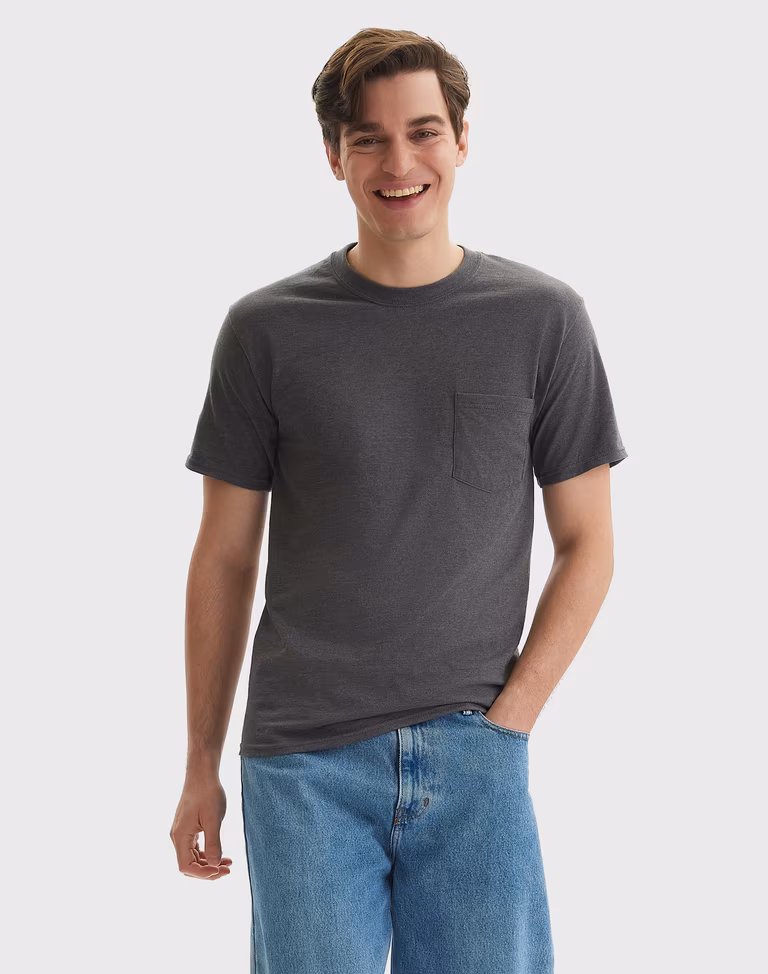 Unisex Beefy-T® Pocket T-Shirt — Charcoal Heather, worn