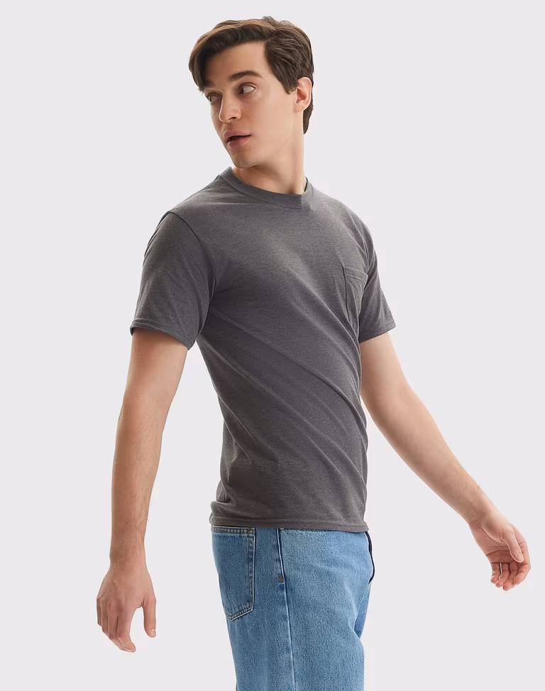 Unisex Beefy-T® Pocket T-Shirt — Charcoal Heather, worn