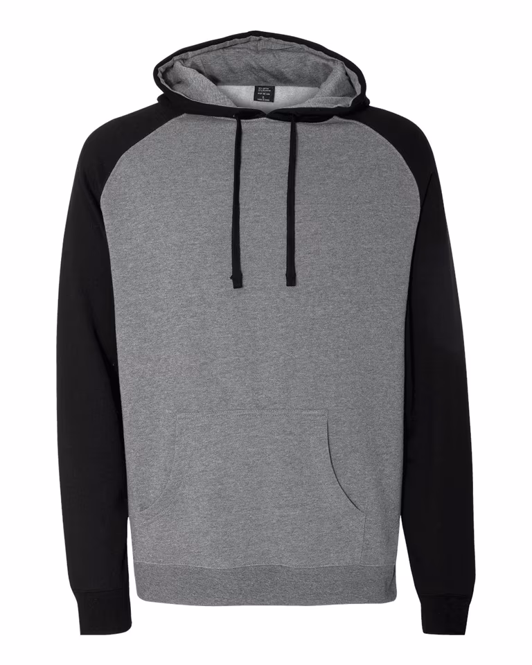 Unisex Raglan Hoodie in Gunmetal Heather / Black — front