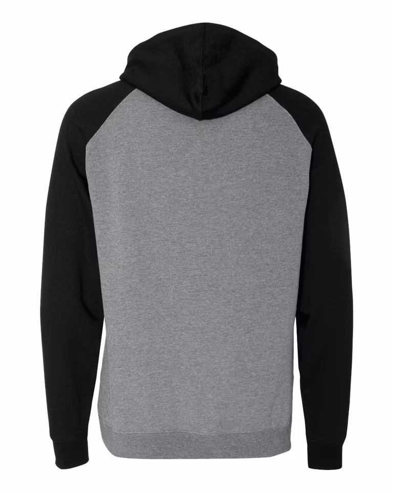 Unisex Raglan Hoodie in Gunmetal Heather / Black — back