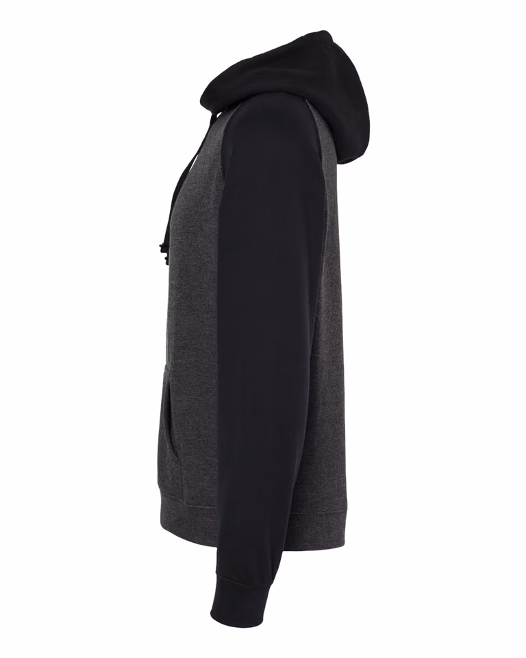 Unisex Raglan Hoodie in Gunmetal Heather / Black — directside