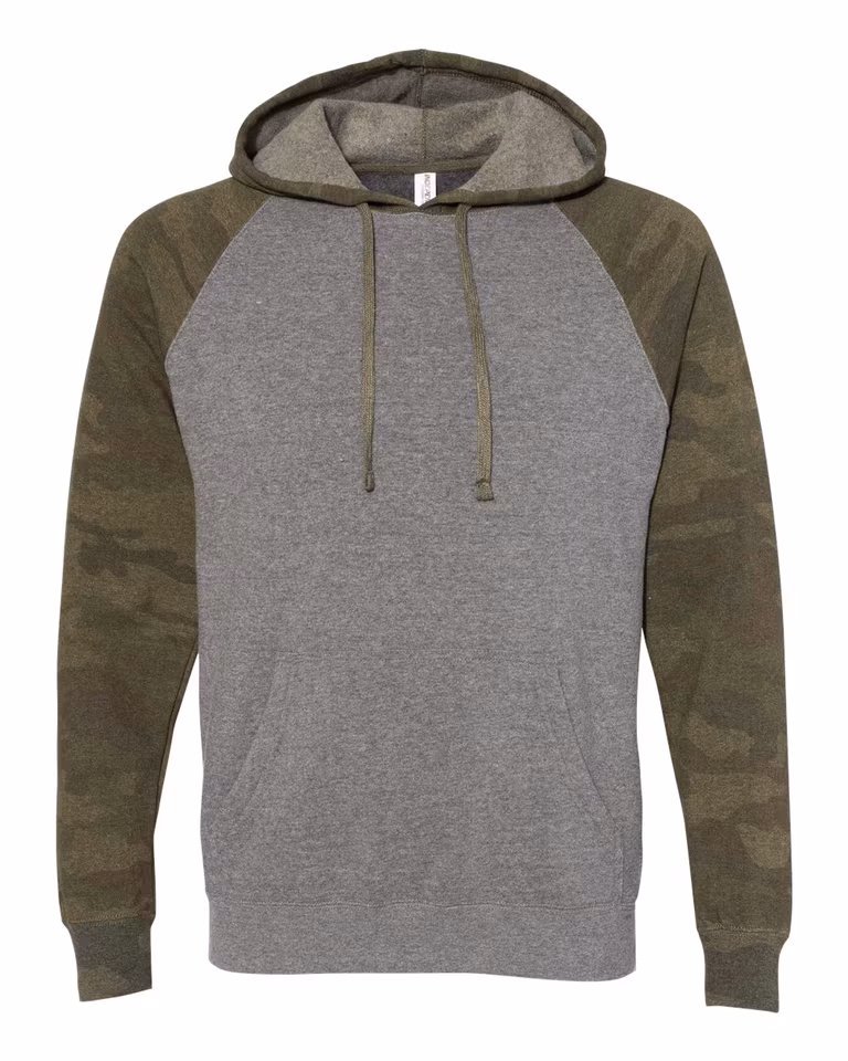 Unisex Special Blend Raglan Hoodie in Nickel Heather / Forest Camo — front