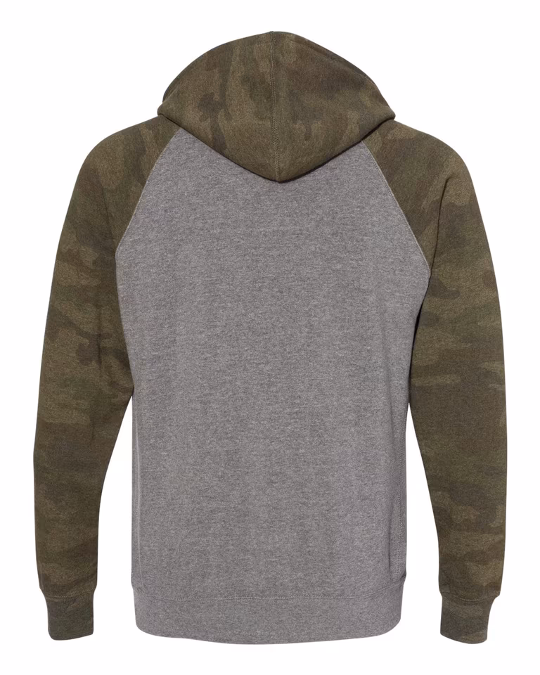Unisex Special Blend Raglan Hoodie in Nickel Heather / Forest Camo — back