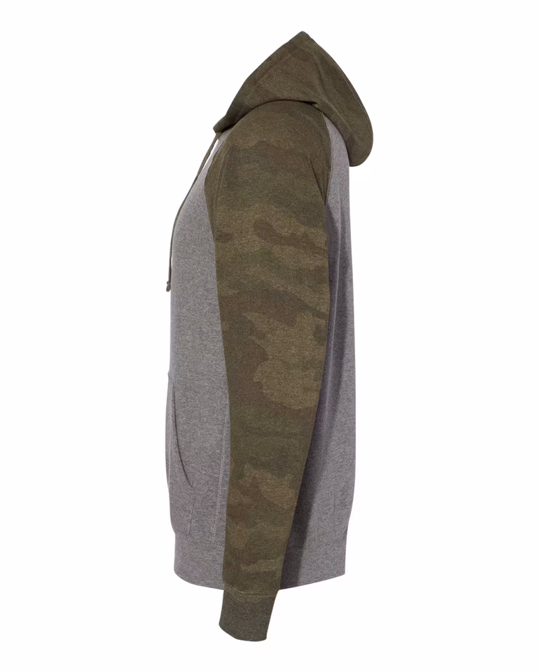 Unisex Special Blend Raglan Hoodie in Nickel Heather / Forest Camo — directside