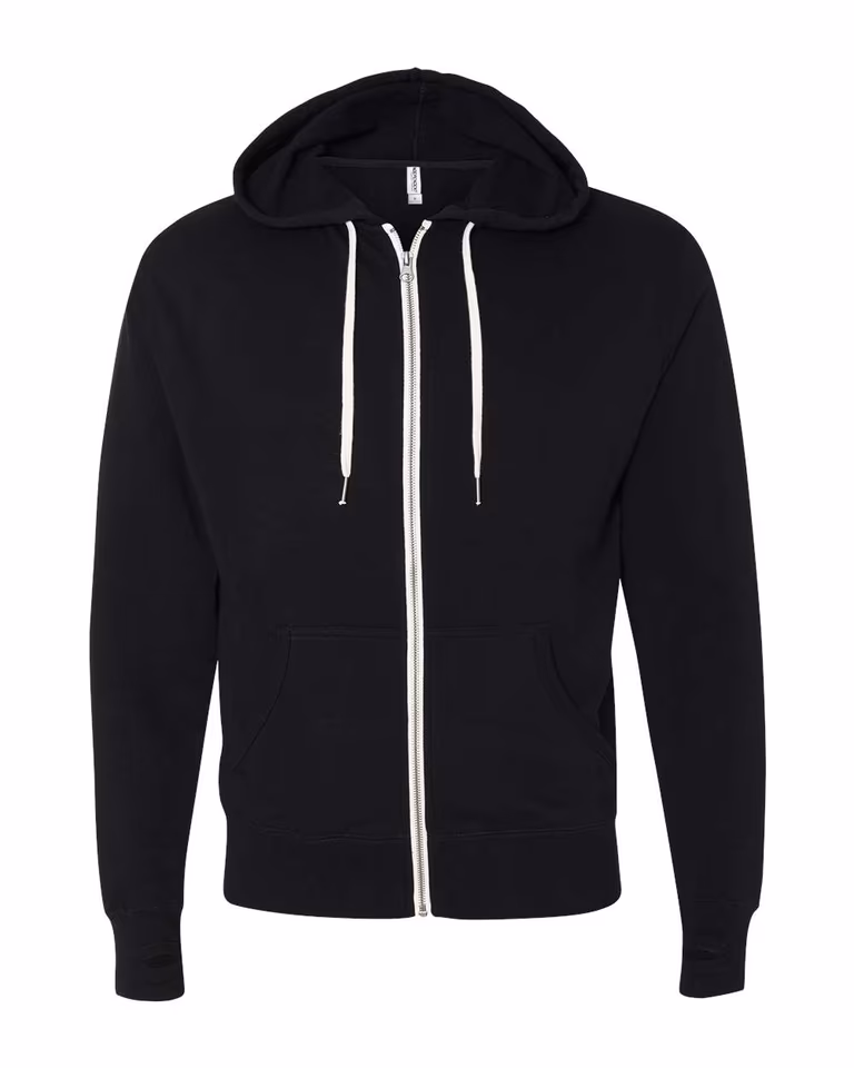 Unisex Heathered French Terry Full-Zip Hoodie in Black — front