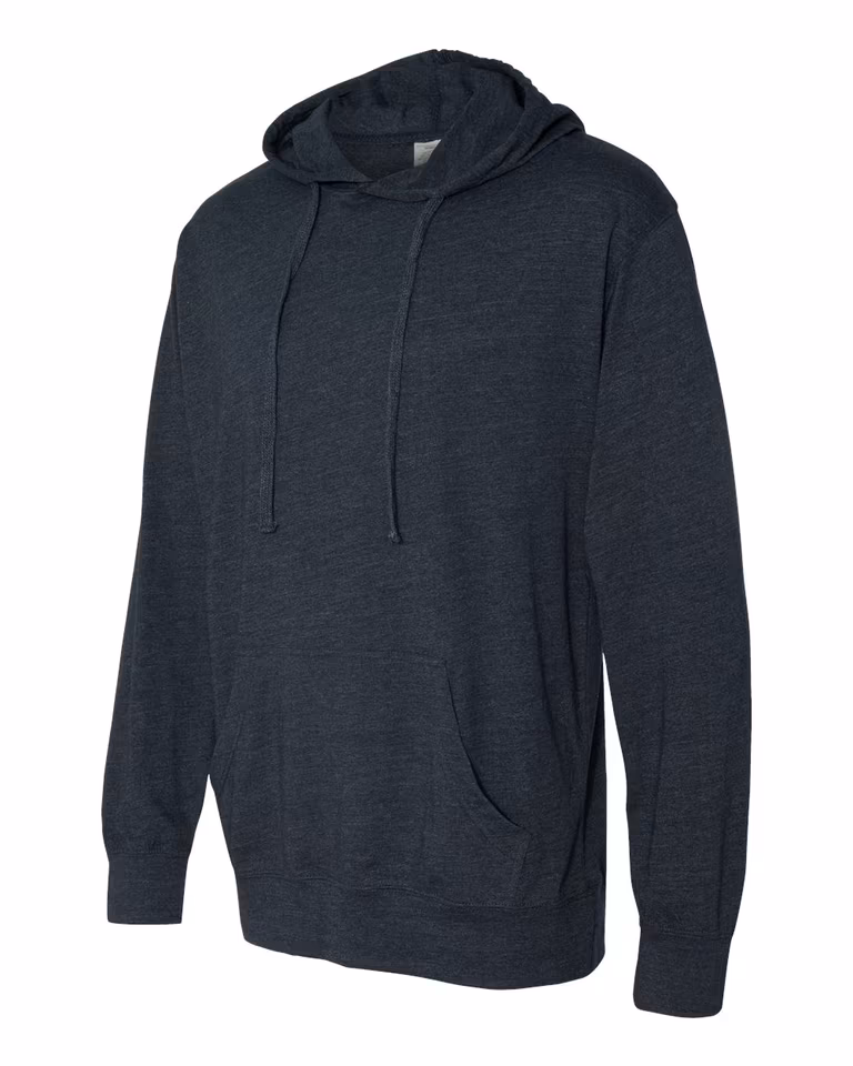 Unisex Lightweight Hooded Pullover T-Shirt in Classic Navy Heather — leftside